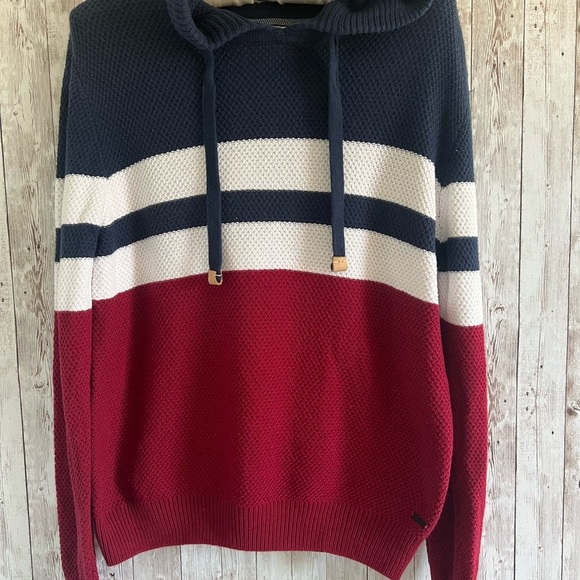 Denim and Flowers Patriotic Navy and Red Striped Waffle Knit Textured Sweater LG - Picture 1 of 4
